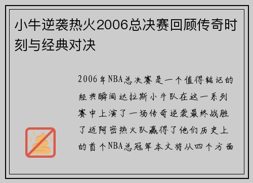 小牛逆袭热火2006总决赛回顾传奇时刻与经典对决